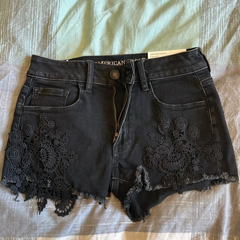 Black lace denim shorts